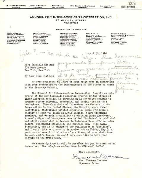 [Carta] 1946 abr. 30, N. York [a] Gabriela Mistral, New York