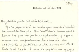 [Carta] 1946 abr. 22, [Estados Unidos] [a] Gabriela Mistral