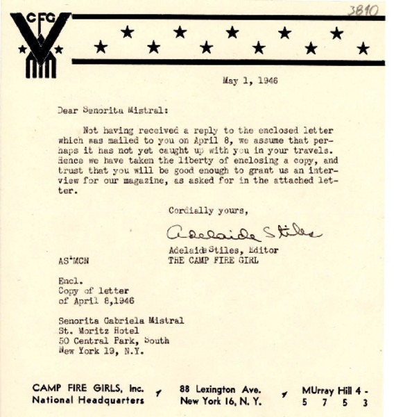 [Carta] 1946 mayo 1, [New York?], [EE.UU.?] [a] [Gabriela] Mistral
