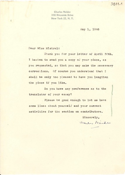 [Carta] 1946 mayo 1, New York, [EE.UU.] [a] [Gabriela] Mistral