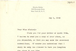 [Carta] 1946 mayo 1, New York, [EE.UU.] [a] [Gabriela] Mistral