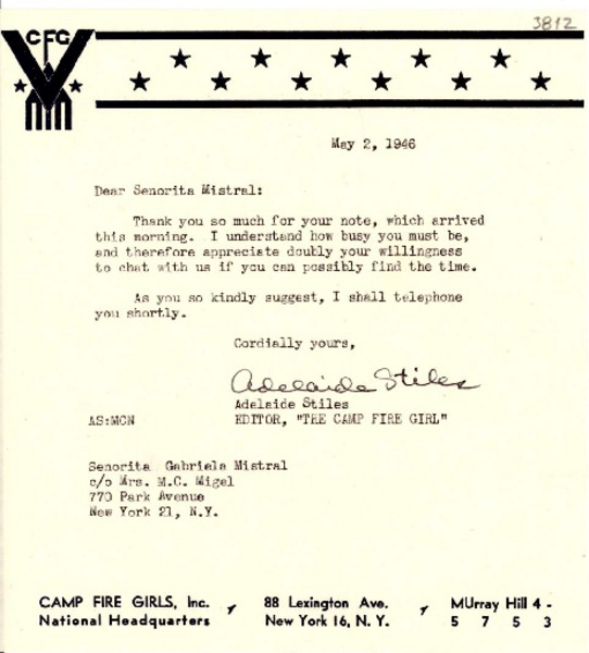 [Carta] 1946 mayo 2, New York, [EE.UU.] [a] Gabriela Mistral, New York, [EE.UU.]