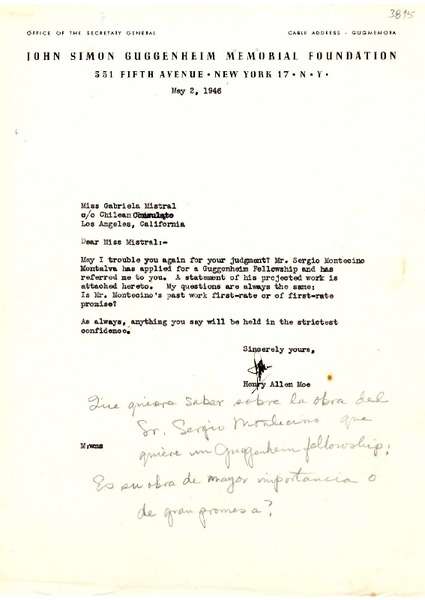 [Carta] 1946 mayo 2, New York [a] Gabriela Mistral, Los Ángeles, California