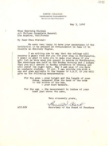 [Carta] 1946 mayo 3, Northampton, Massachusetts [a] Gabriela Mistral, Los Ángeles, California