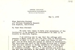 [Carta] 1946 mayo 3, Northampton, Massachusetts [a] Gabriela Mistral, Los Ángeles, California