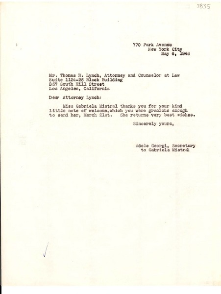 [Carta] 1946 mayo 6, New York, [E.E.U.U.] [a] Thomas R. Lynch, Los Angeles, California, [E.E.U.U.]