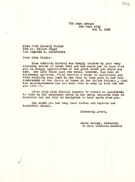 [Carta] 1946 mayo 6, New York, [E.E.U.U.] [a] Ruth Cornell Fuller, Los Angeles, Calif., [E.E.U.U.]