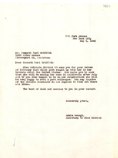 [Carta] 1946 mayo 4, New York [a] Kenneth Earl Griffith, Shreveport, Louisiana