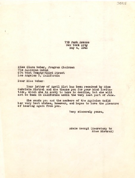 [Carta] 1946 mayo 4, New York [a] Clare Weber, Los Ángeles, California