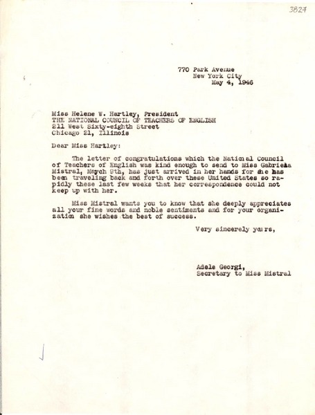 [Carta] 1946 mayo 4, New York [a] Helene W. Hartley, Chicago, Illinois