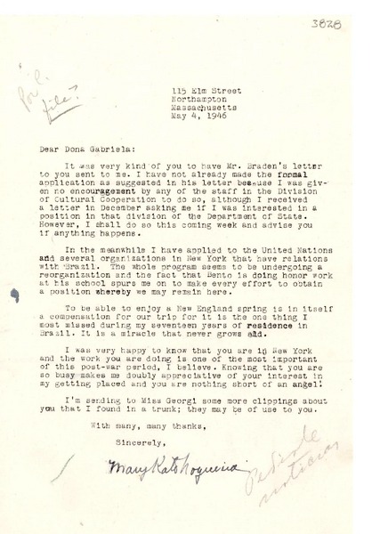 [Carta] 1946 mayo 4, Northampton, Massachusetts [a] Gabriela Mistral