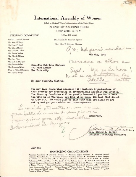 [Carta] 1946 mayo 7, N. York [a] Gabriela Mistral