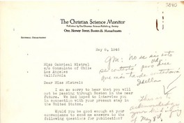 [Carta] 1946 mayo 8, Boston, Massachusetts [a] Gabriela Mistral, Los Angeles, California