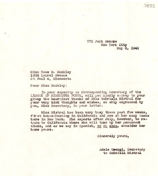 [Carta] 1946 mayo 6, New York [a] Rose M. Muckley, St. Paul, Minnesota