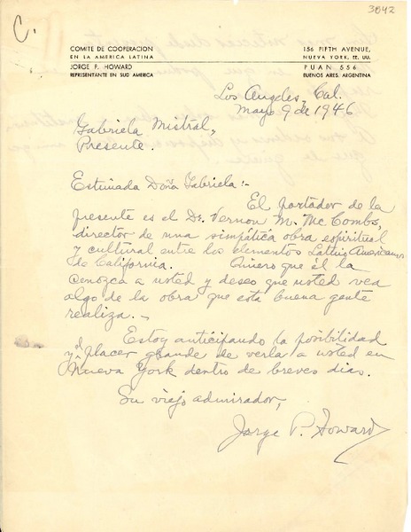 [Carta] 1946 mayo 9, Los Angeles, California [a] Gabriela Mistral