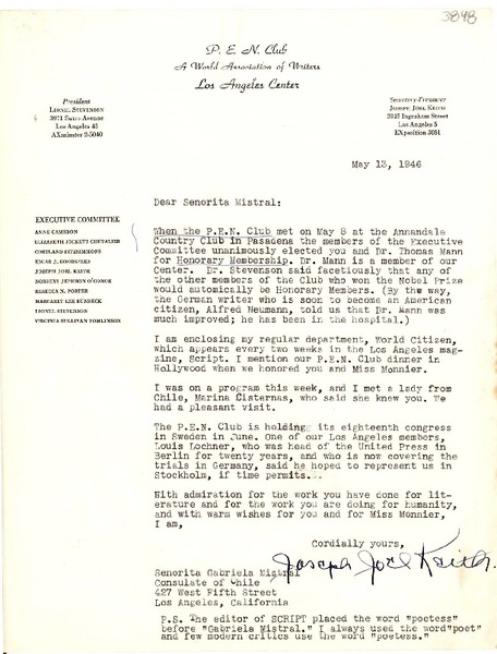 [Carta] 1946 mayo 13, Los Angeles [a] Gabriela Mistral