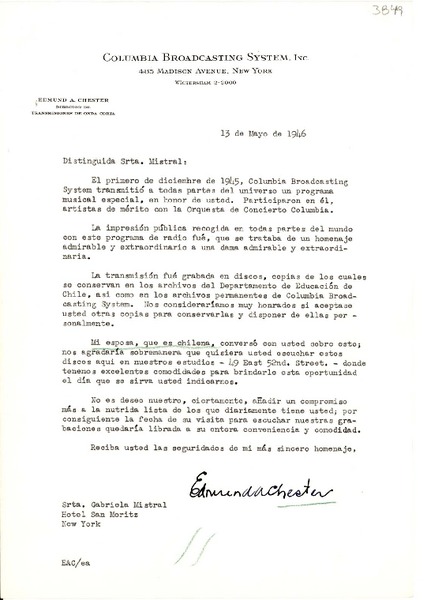 [Carta] 1946 mayo 13, [New York?] [a] Srta. Gabriela Mistral, Hotel San Moritz, New York
