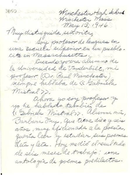 [Carta] 1946 mayo 13, Winchester, Massachusetts [a] Gabriela Mistral