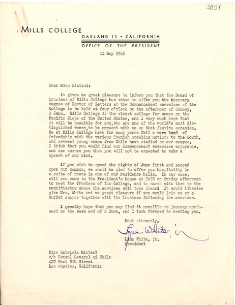 [Carta] 1946 mayo 14, Oakland, California [a] Gabriela Mistral, Los Angeles, California