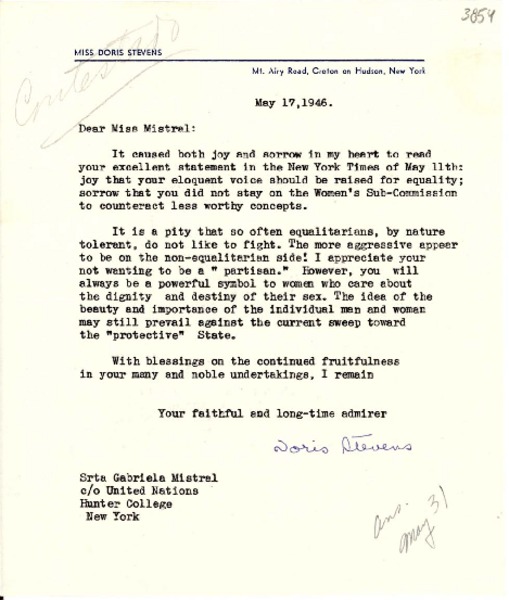 [Carta] 1946 mayo 17, N. York [a] Gabriela Mistral, N. York