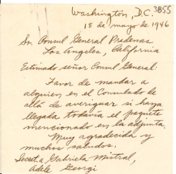 [Carta] 1946 mayo 18, Washington D.C. [a] Cónsul General, Los Ángeles, California