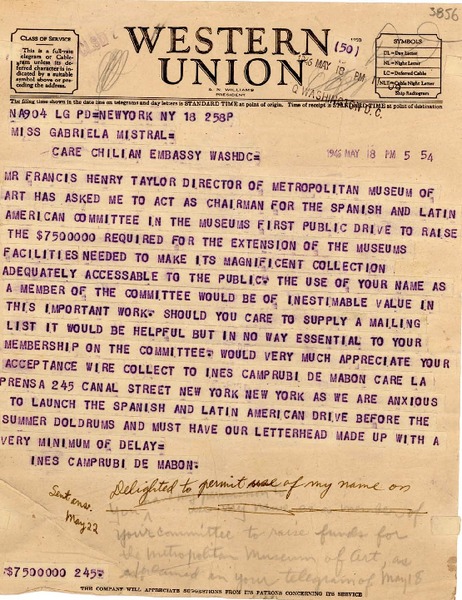 [Telegrama] 1946 mayo 18, New York [a] Gabriela Mistral, Washington D.C.