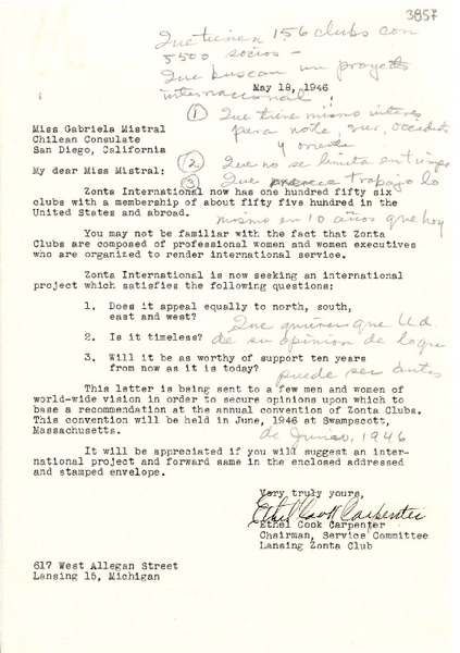 [Carta] 1946 mayo 18, Lansing, Michigan [a] Gabriela Mistral, San Diego, California