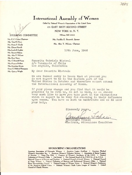 [Carta] 1946 jun. 13, N. York [a] Gabriela Mistral, Los Angeles, California