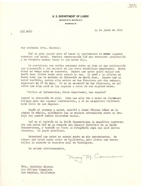 [Carta] 1946 jun. 14, Washington, [EE.UU.] [a] Gabriela Mistral, Los Angeles, California, [EE.UU.]