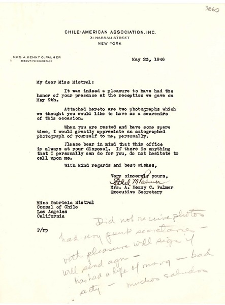 [Carta] 1946 mayo 23, N. York [a] Gabriela Mistral, Los Ángeles, California