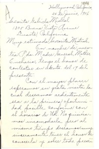 [Carta] 1946 jun. 24, Hollywood, California [a] Gabriela Mistral, Duarte, California