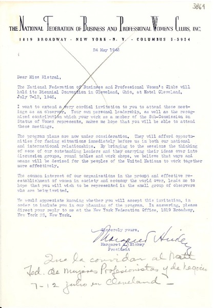 [Carta] 1946 mayo 24, N. York [a] Gabriela Mistral