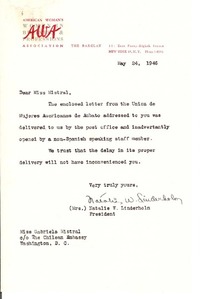 [Carta] 1946 mayo 24, N. York [a] Gabriela Mistral, Washington