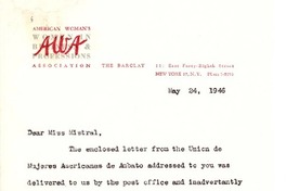 [Carta] 1946 mayo 24, N. York [a] Gabriela Mistral, Washington