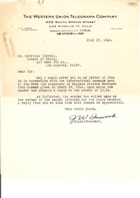 [Carta] 1946 jul. 17, Los Angeles, Calif. [a] Gabriela Mistral, Consul of Chile, Los Angeles, California