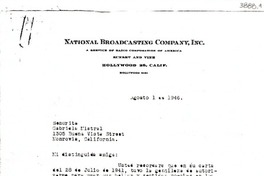 [Carta] 1946 ago. 1, National Broadcasting Company, Inc., Sunset and Vine, Hollywood 28, Calif., [EE.UU.] [a la] Señorita Gabriela Mistral, 1305 Buena Vista Street, Monrovia, California, [EE.UU.]