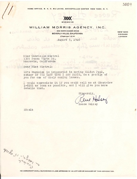[Carta] 1946 ago. 5, Beverly Hills, California, EE.UU. [a] Gabriela Mistral, Monrovia, California, [EE.UU.]
