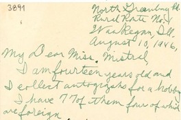 [Carta] 1946 ago. 10, Waukegan, Illinois, [E.E.U.U.] [a] Gabriela Mistral