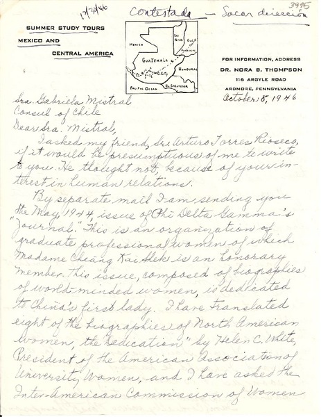 [Carta] 1946 oct. 8, Ardmore, Pennsylvania [a] Gabriela Mistral