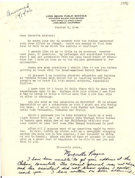 [Carta] 1946 oct. 9, Long Beach, California [a] Gabriela Mistral