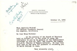 [Carta] 1946 oct. 14, Northampton, Massachusetts, [EE.UU.] [a] Gabriela Mistral, Los Angeles, California, [EE.UU.]
