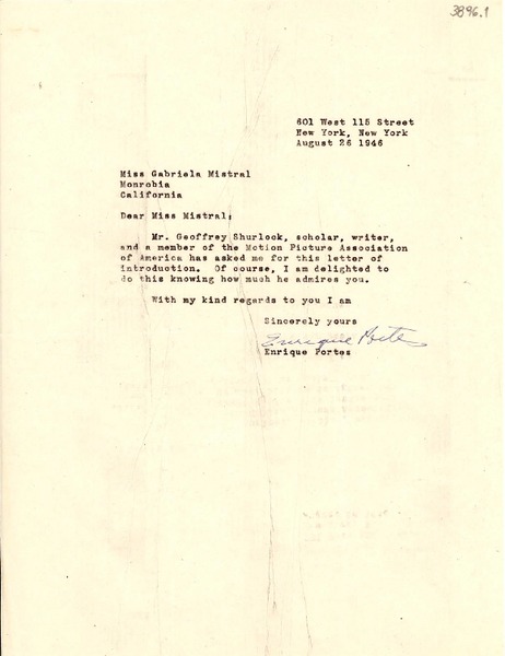 [Carta] 1946 ago. 26, Nueva York [a] Gabriela Mistral, Monrovia, California