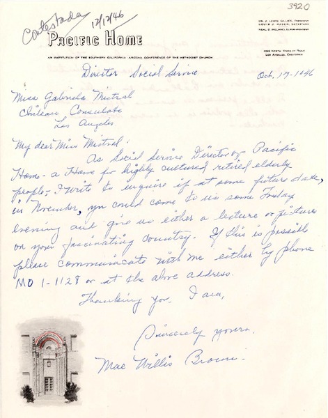 [Carta] 1946 oct. 17, Los Angeles, California [a] Gabriela Mistral, Los Angeles, [California]