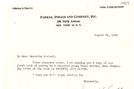 [Carta] 1946 ago. 21, New York [a] Gabriela Mistral, Los Ángeles, California