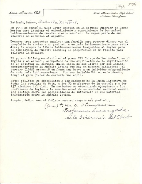 [Carta] 1946, Ardmore, Pennsylvania [a] Gabriela Mistral