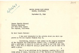 [Carta] 1946 sept. 25, Orange, California [a] Gabriela Mistral, Los Ángeles, California