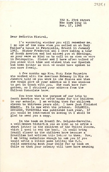 [Carta] 1946 nov. 17, New York, [EE.UU.] [a] [Gabriela] Mistral