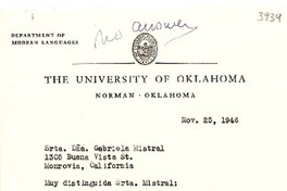 [Carta] 1946 nov. 25, Oklahoma [a] Gabriela Mistral, Monrovia, California