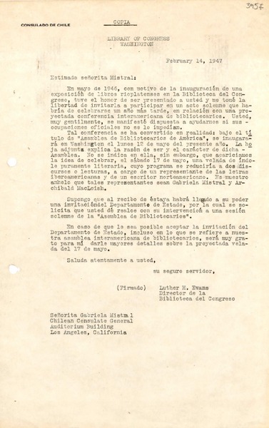 [Carta] 1947 feb. 14, Washington [a] [Gabriela Mistral], Los Angeles, California