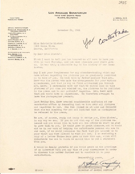 [Carta] 1946 nov. 25, Duarte, California [a] Gabriela Mistral, Duarte, California